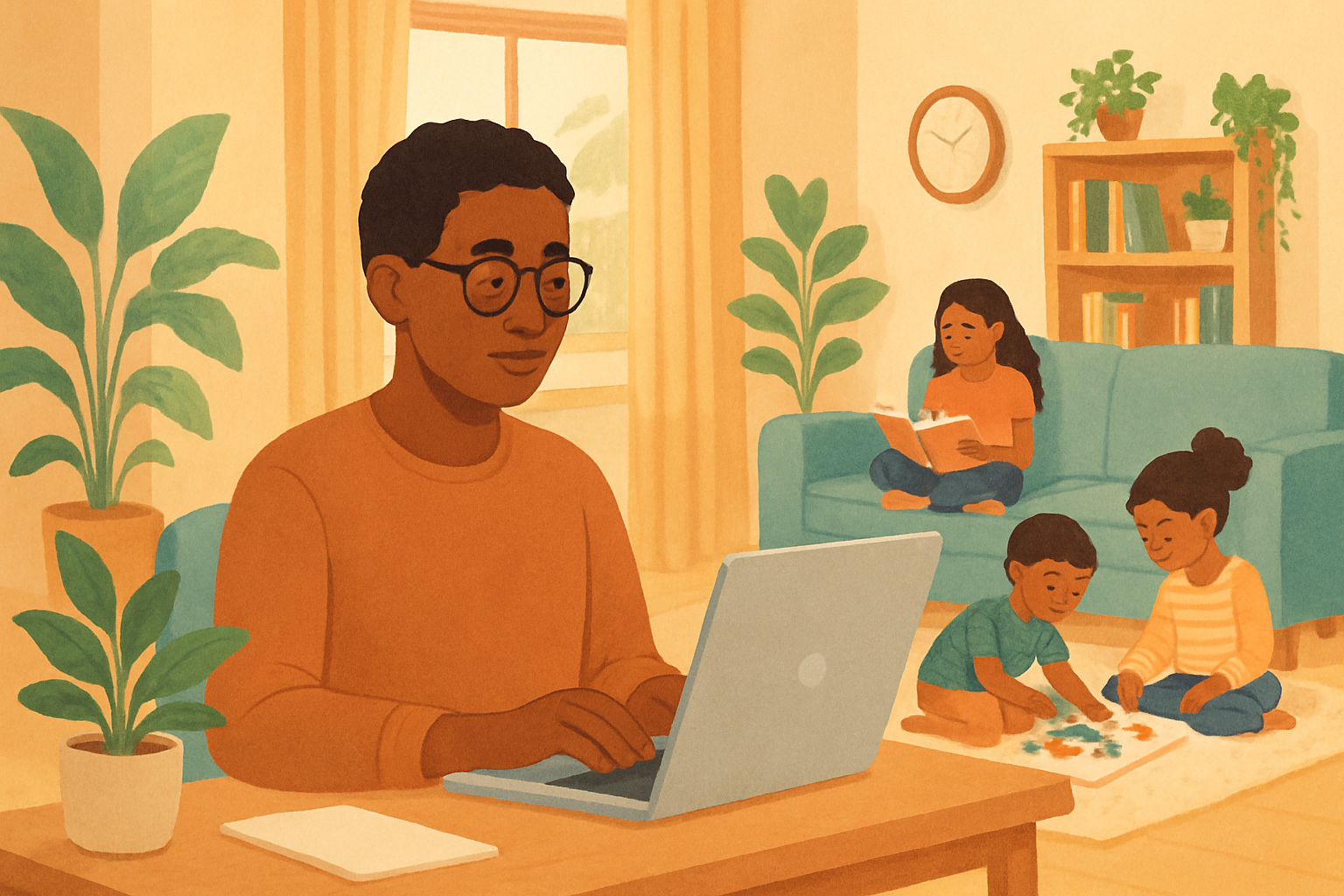 Parent working harmoniously with children playing